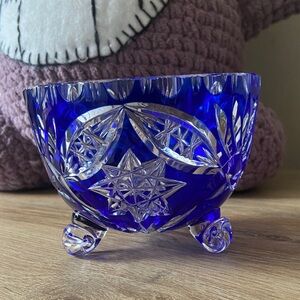 Elegant Blue Cobalt Cut to Clear Crystal Footed Bowl